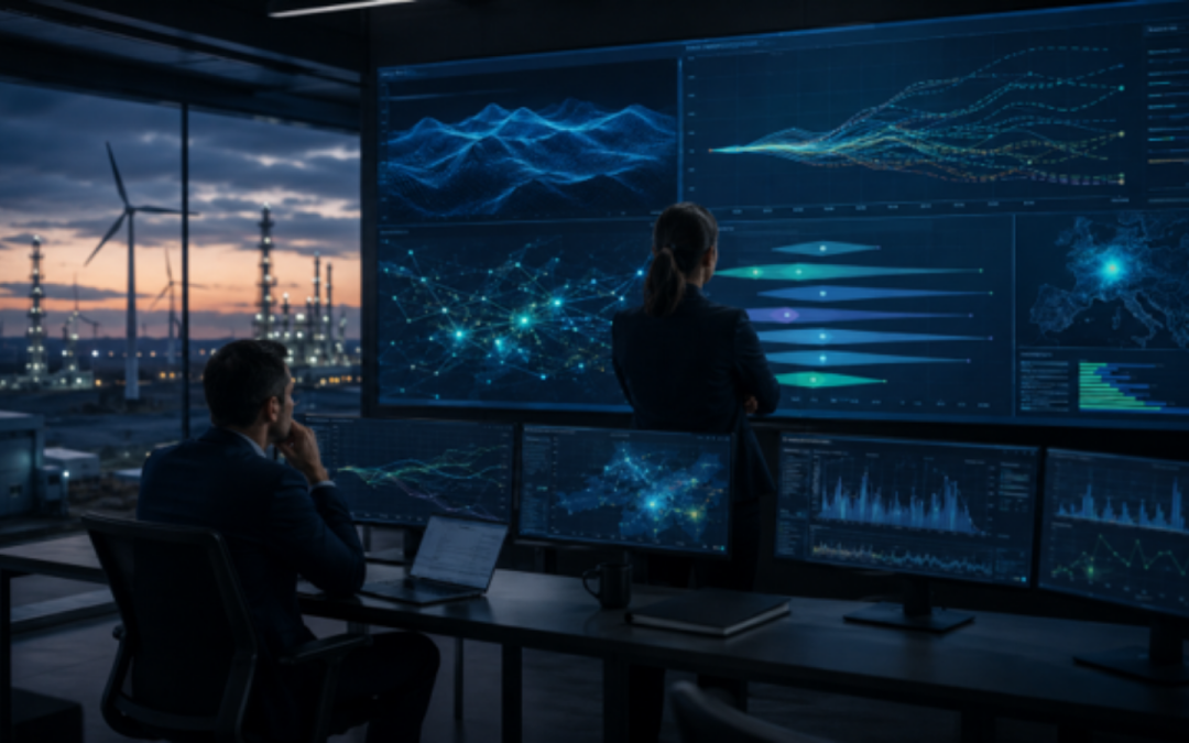 Trgovca spremljata energetske podatke, napovedi in tržne scenarije na digitalnih zaslonih
